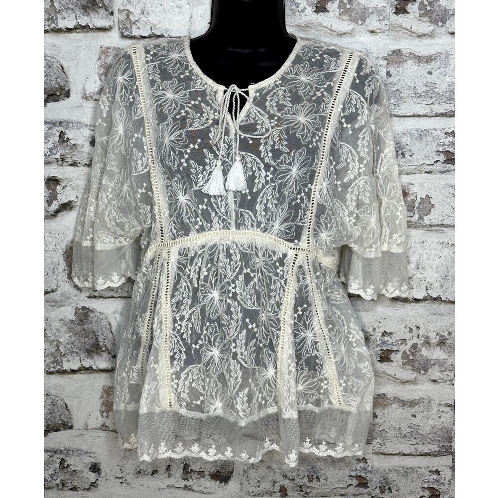 Naf-Naf boho Ivory Sheer V-neck Lace top w tie detail and 3/4 sleeves size SM
